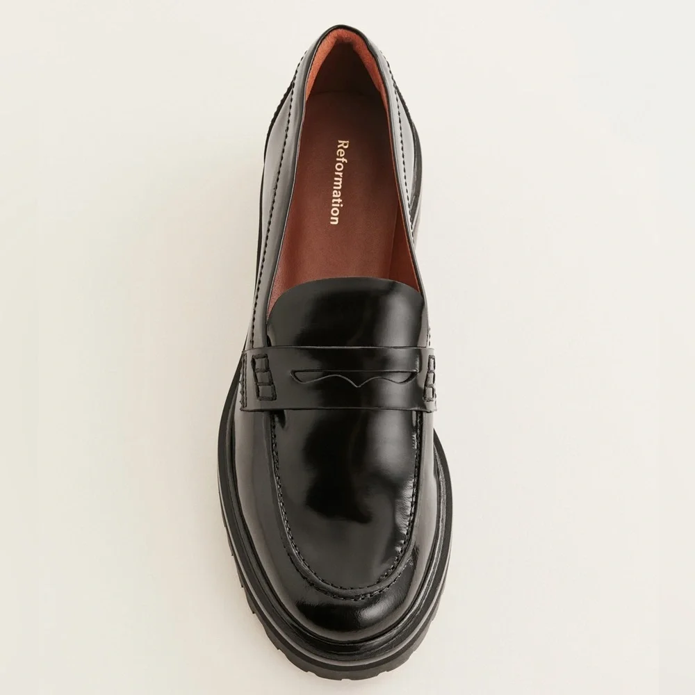 Reformation Black Patent Leather Lug Sole Loafers
